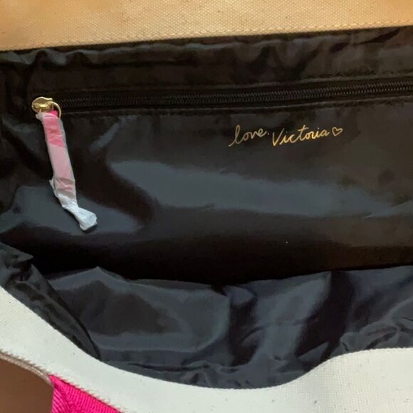 Victoria’s Secret Cream Orange Pink Canvas Tote Weekender Bag New - Picture 5 of 5